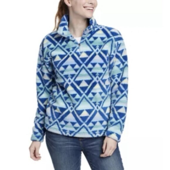 Eddie Bauer Quest Plush 2.0 Fleece Sweatshirt Top 1/4 Zip Lake Blue Print Size L - Picture 1 of 8